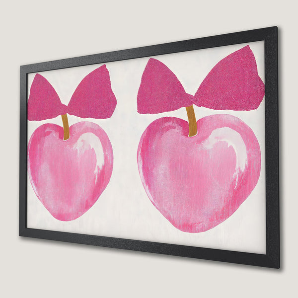 Framed Poster featuring pink heart art with a bow, modern style, perfect for adding a pop of color to your space.