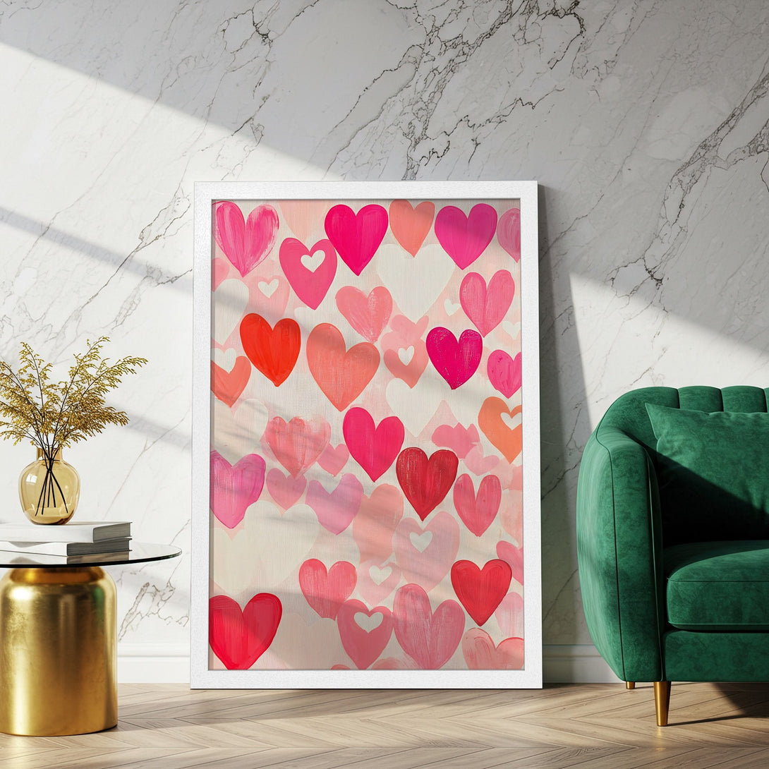 Framed Poster featuring a heart-themed, abstract painting in shades of pink and red. Perfect for Valentine's Day decor!