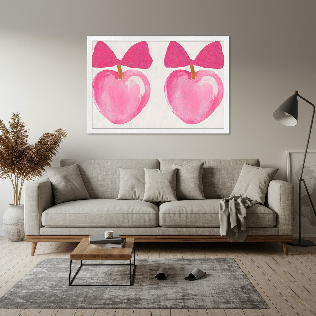 Framed Poster featuring pink heart and bow art. Modern style with a pink and white color palette, perfect for home decor.