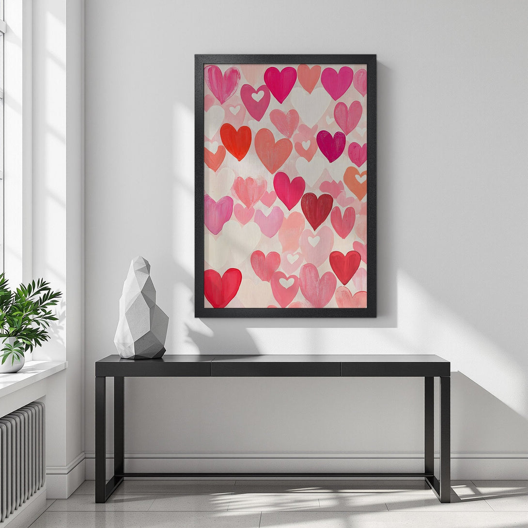 Framed Poster featuring a heart-themed painting in pink and red hues. Perfect wall art to add love and warmth to your home decor.