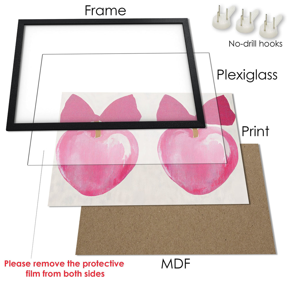 Framed Poster featuring pink apple art. Modern style with a soft, pink and neutral color palette. Perfect wall decor!