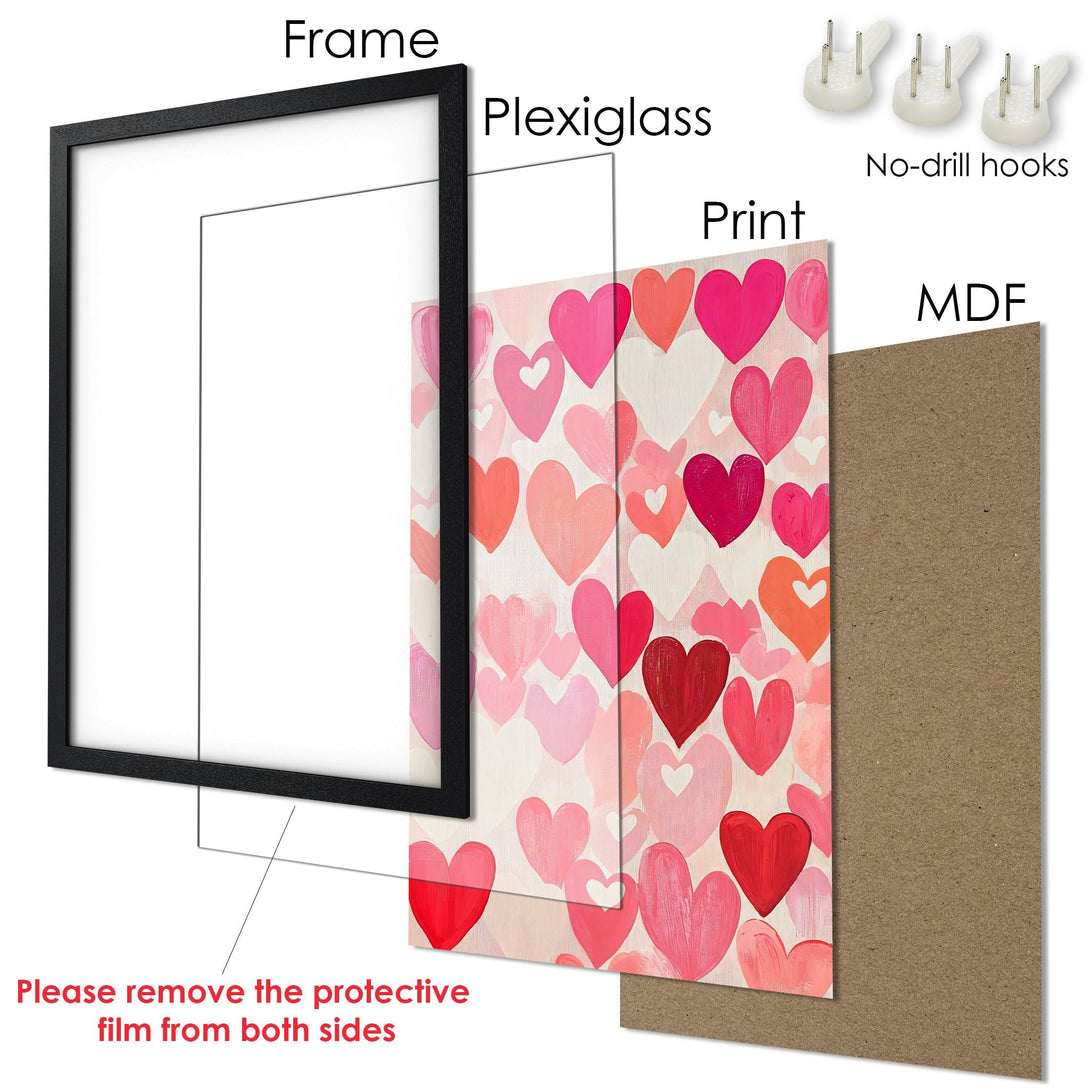 Framed Poster with heart art, pink & red palette. Perfect for Valentine's! Easy to hang. Add love to your walls!