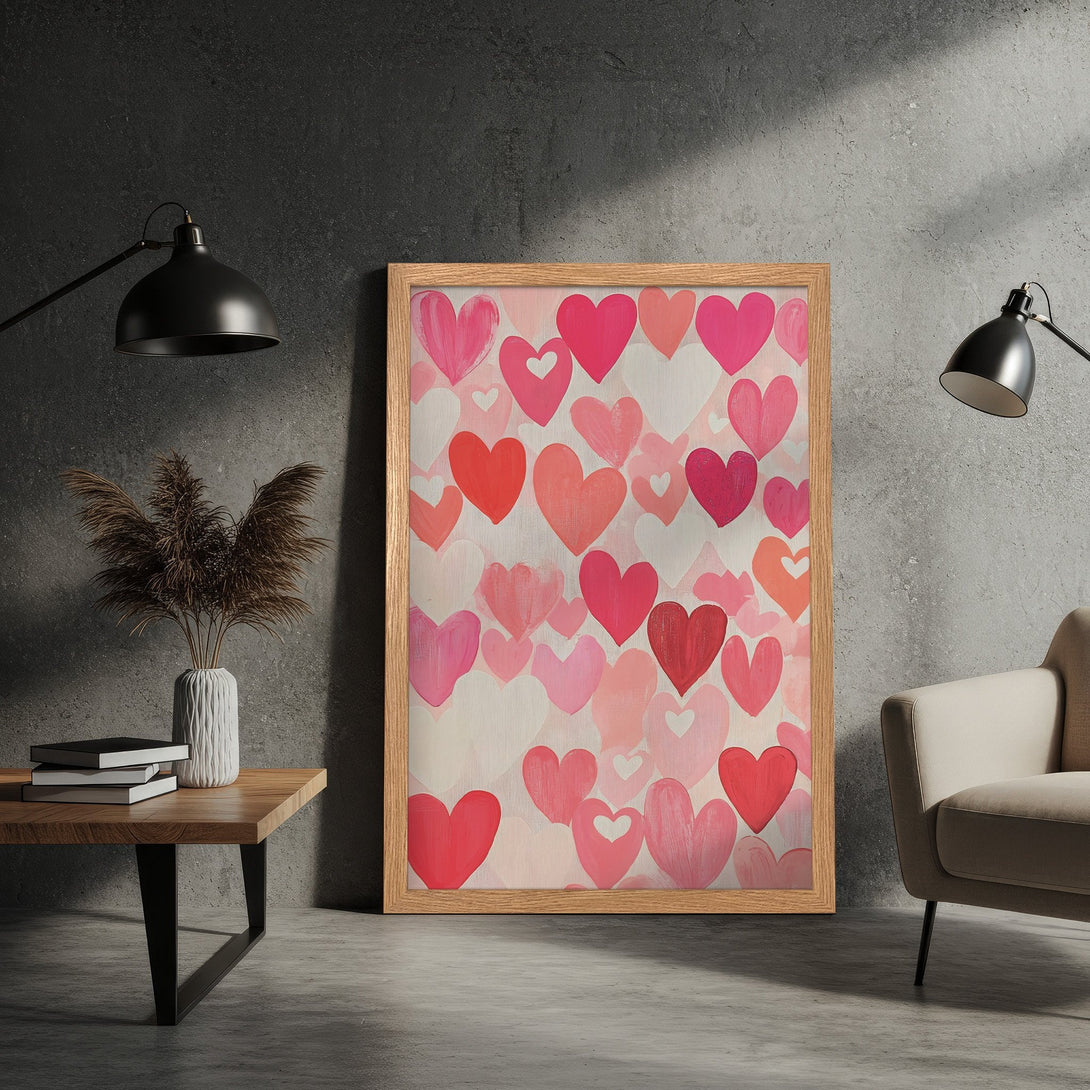 Framed Poster featuring a heart-themed painting in shades of pink and red. Perfect wall art for Valentine's Day or a romantic touch!
