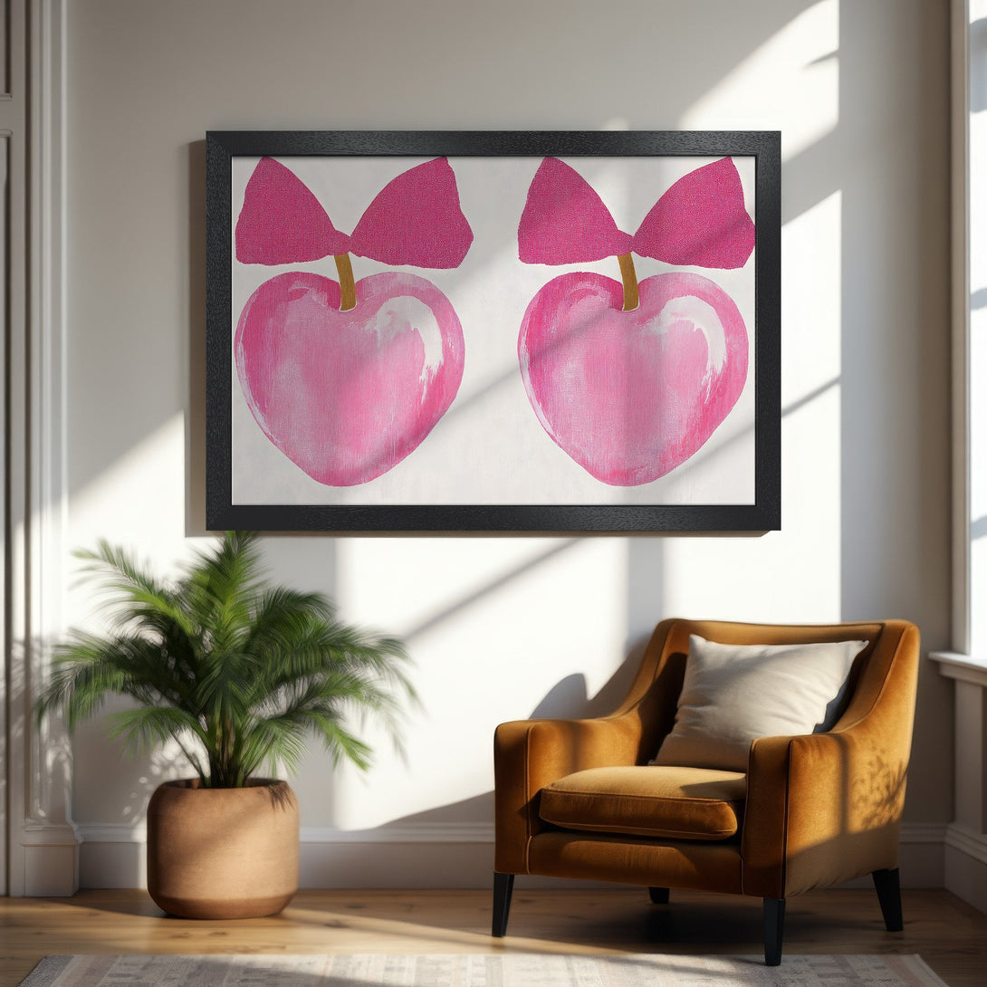 Framed Poster featuring pink heart art with bows. Modern style, pink and gold color palette. Perfect wall decor for a stylish home.