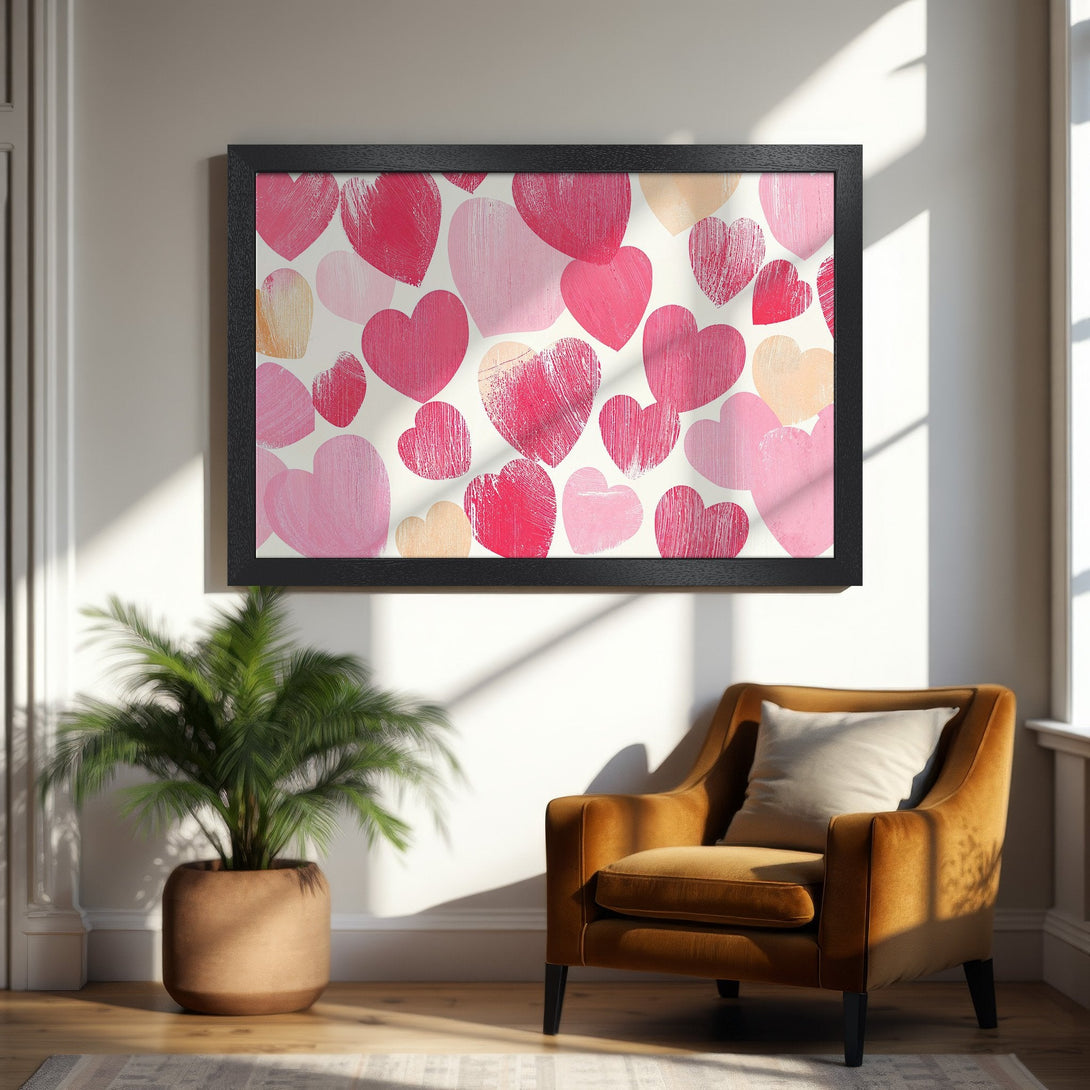 Framed Poster featuring a heart pattern in pink and peach hues. Perfect wall art for Valentine's or a love-themed room. Modern style.
