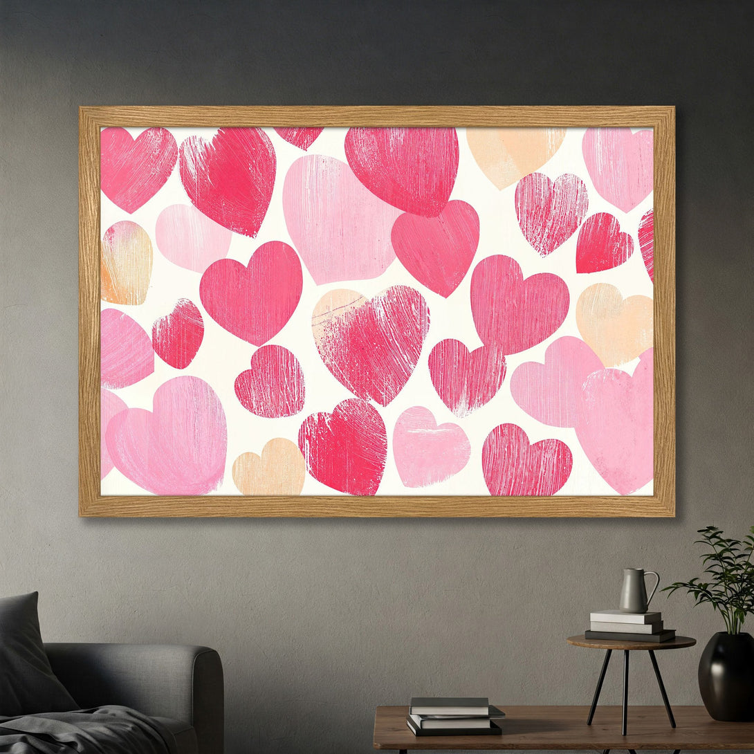 Framed Poster featuring a vibrant heart pattern in pink and peach hues, perfect for adding a touch of love to any space.