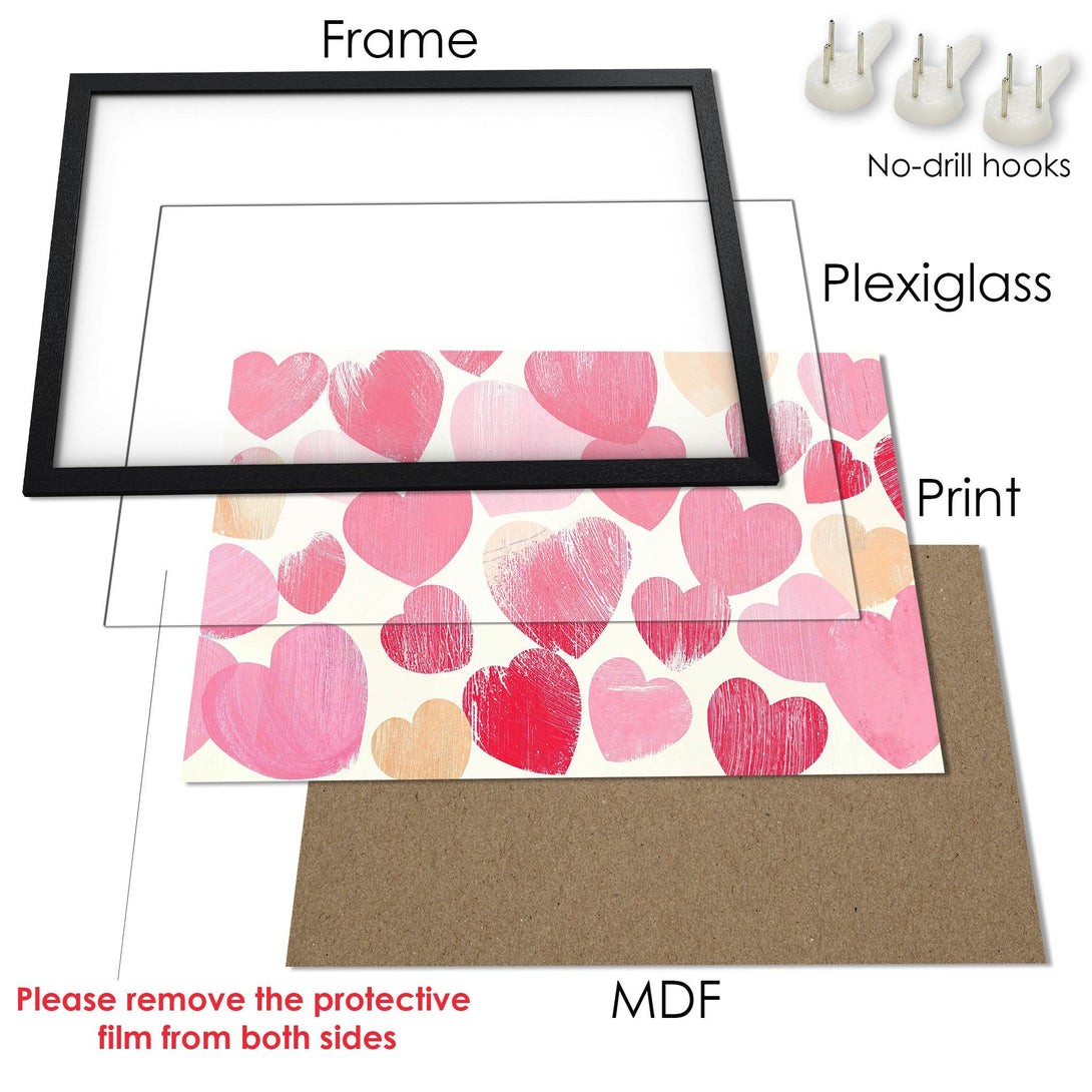 Framed Poster with pink heart design. Modern style, romantic color palette. Perfect wall art for your home!