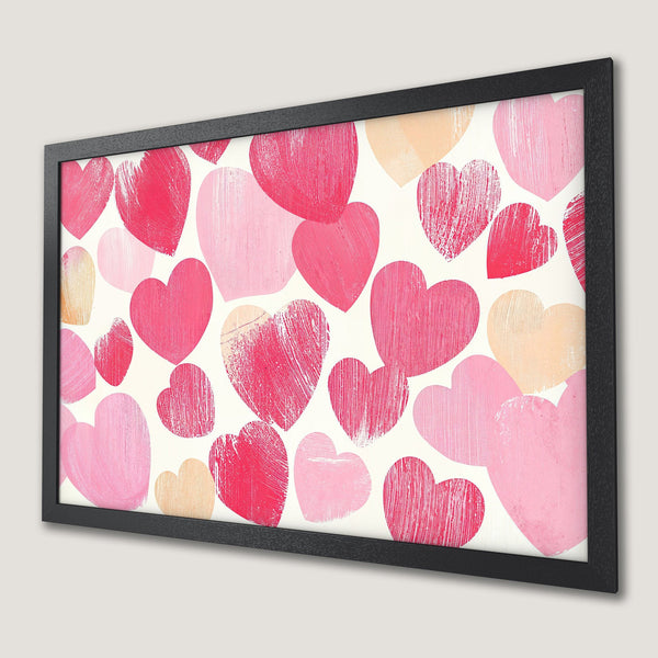 Framed Poster featuring hearts in pink and red hues, a romantic and artistic style.