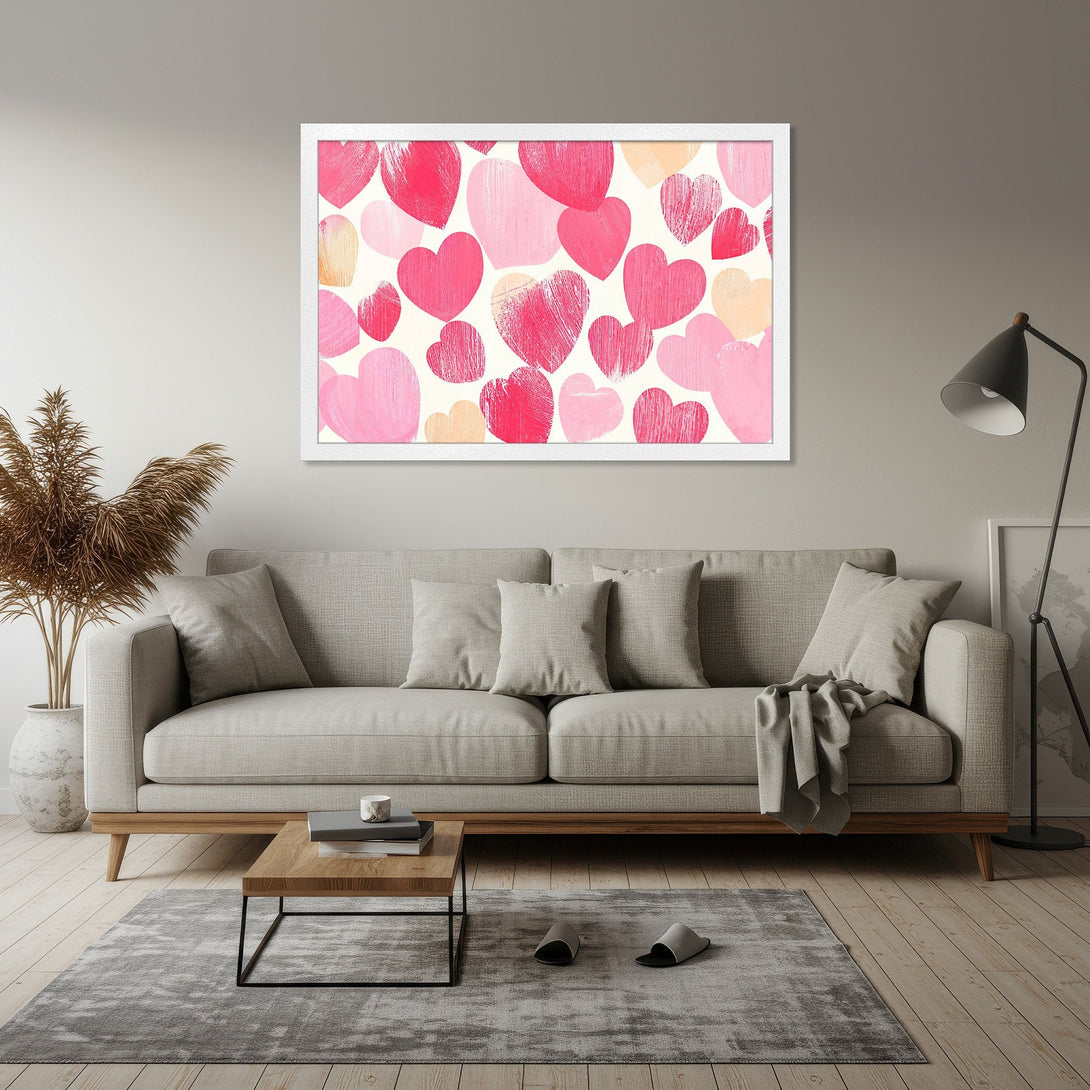Framed Poster featuring a heart pattern in pink and peach hues. Modern art style, perfect for adding love to your home decor.