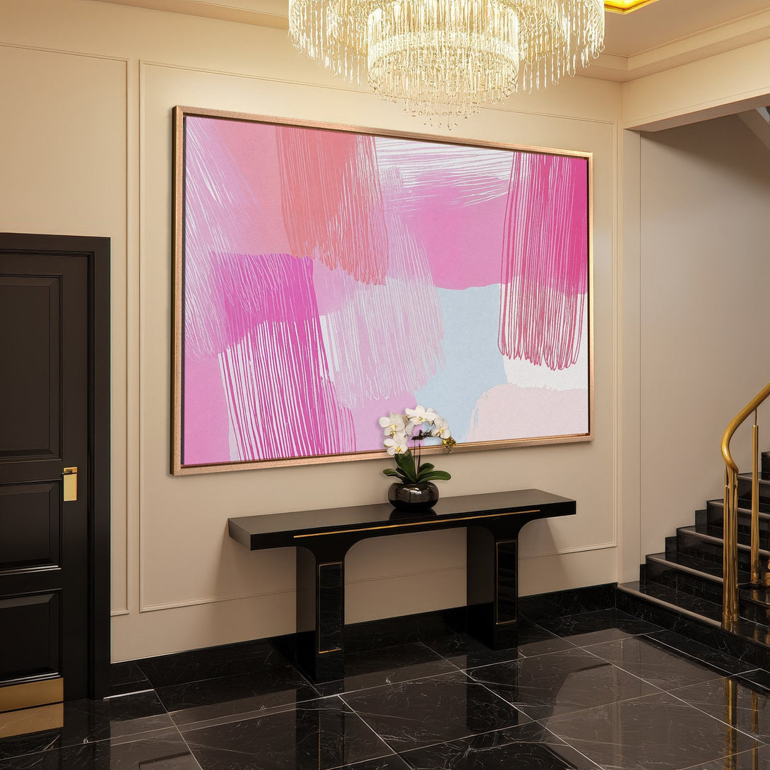 Framed Wall Art: Abstract pink and white brushstroke design canvas print. Modern art piece in a luxury interior with a soft color palette.