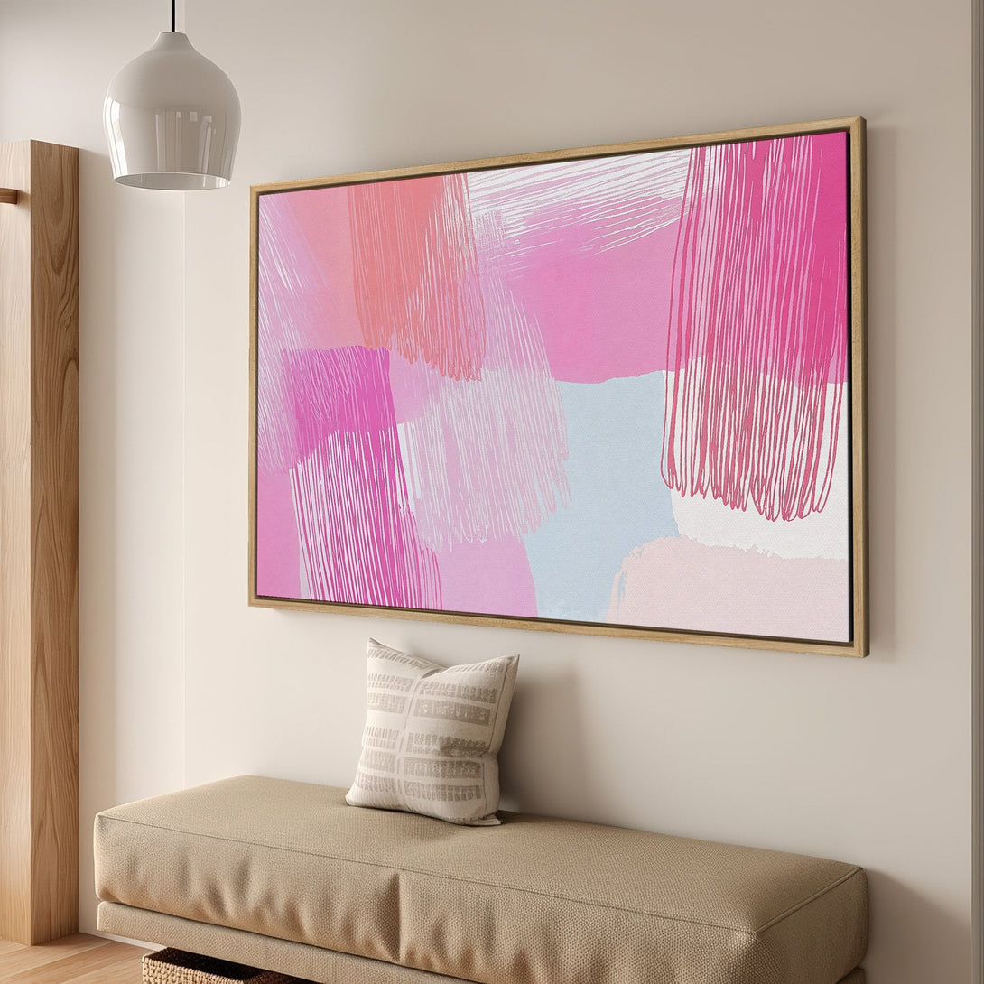 Framed Wall Art: Abstract pink and coral brushstroke art. Modern style with a vibrant color palette. Perfect for adding a pop of color to your space!