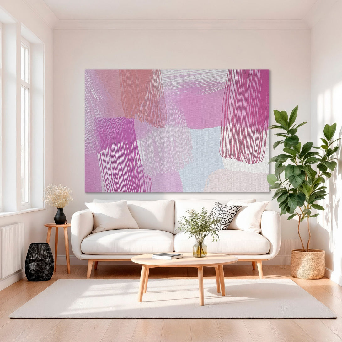 Framed Wall Art: Abstract pink and coral brushstrokes. Modern art canvas print with gold frame. Adds a pop of color to any living room.