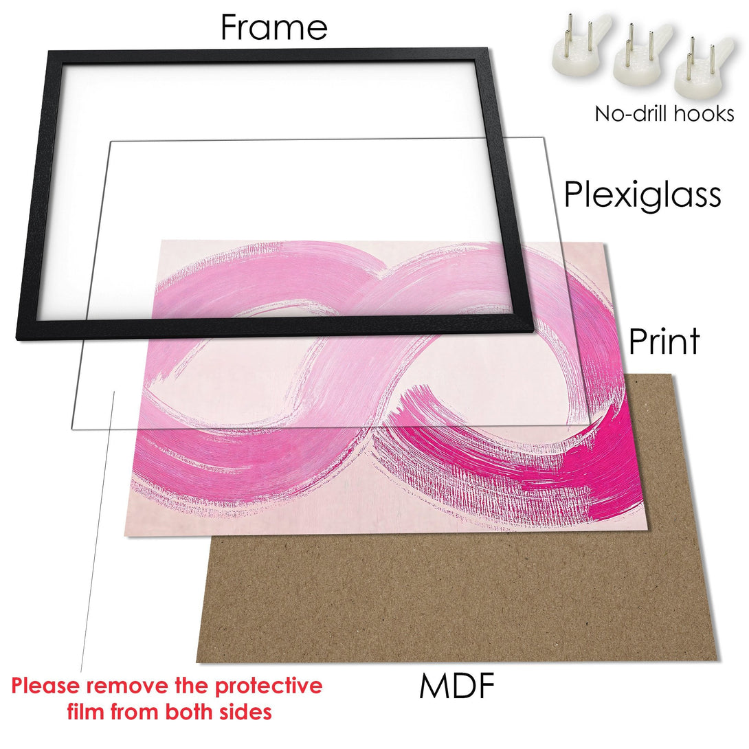 Framed Poster featuring abstract pink brushstroke art. Modern style, soft pink & neutral color palette. Ready to hang!
