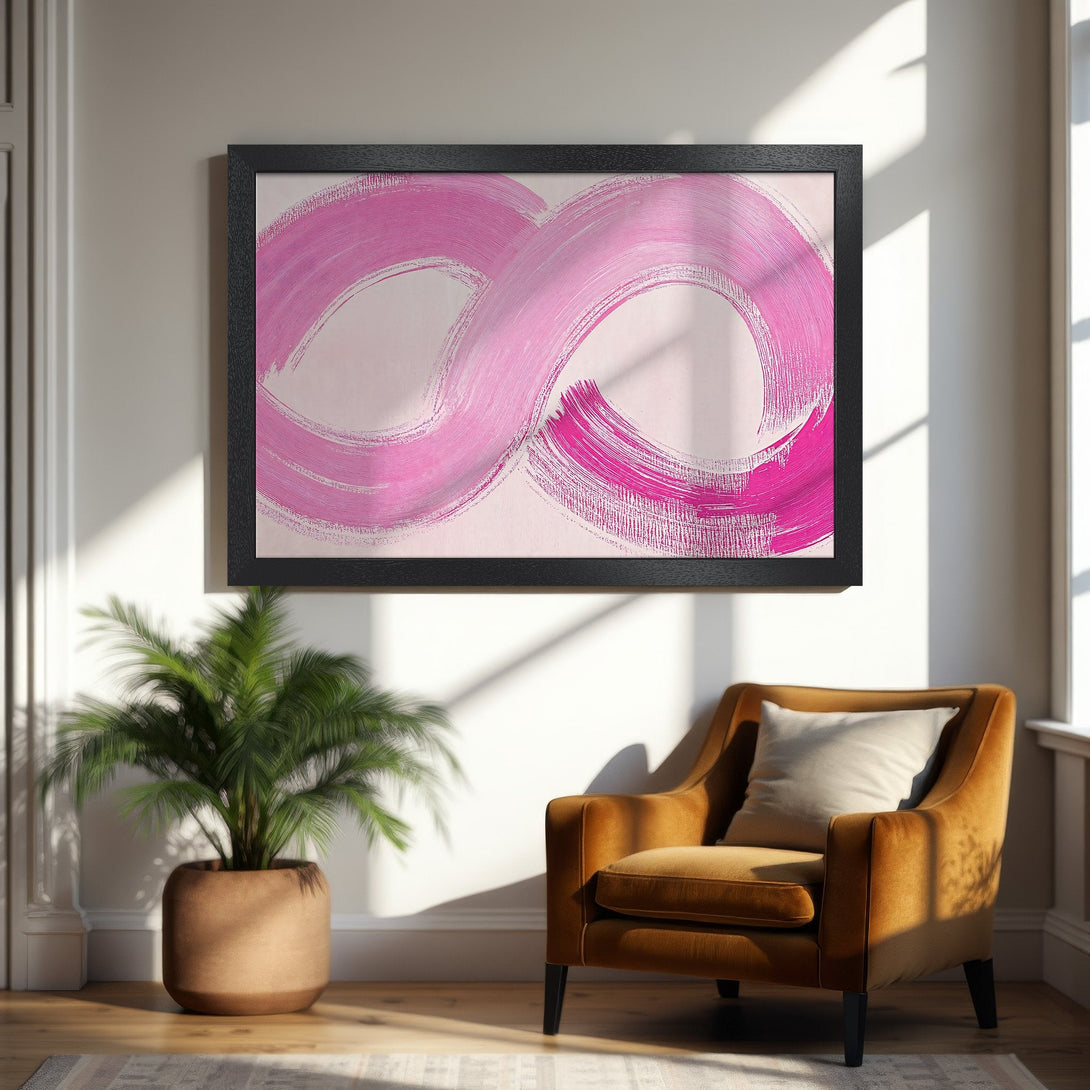 Framed Poster featuring abstract pink brushstrokes on a neutral background. Modern art print for home decor.