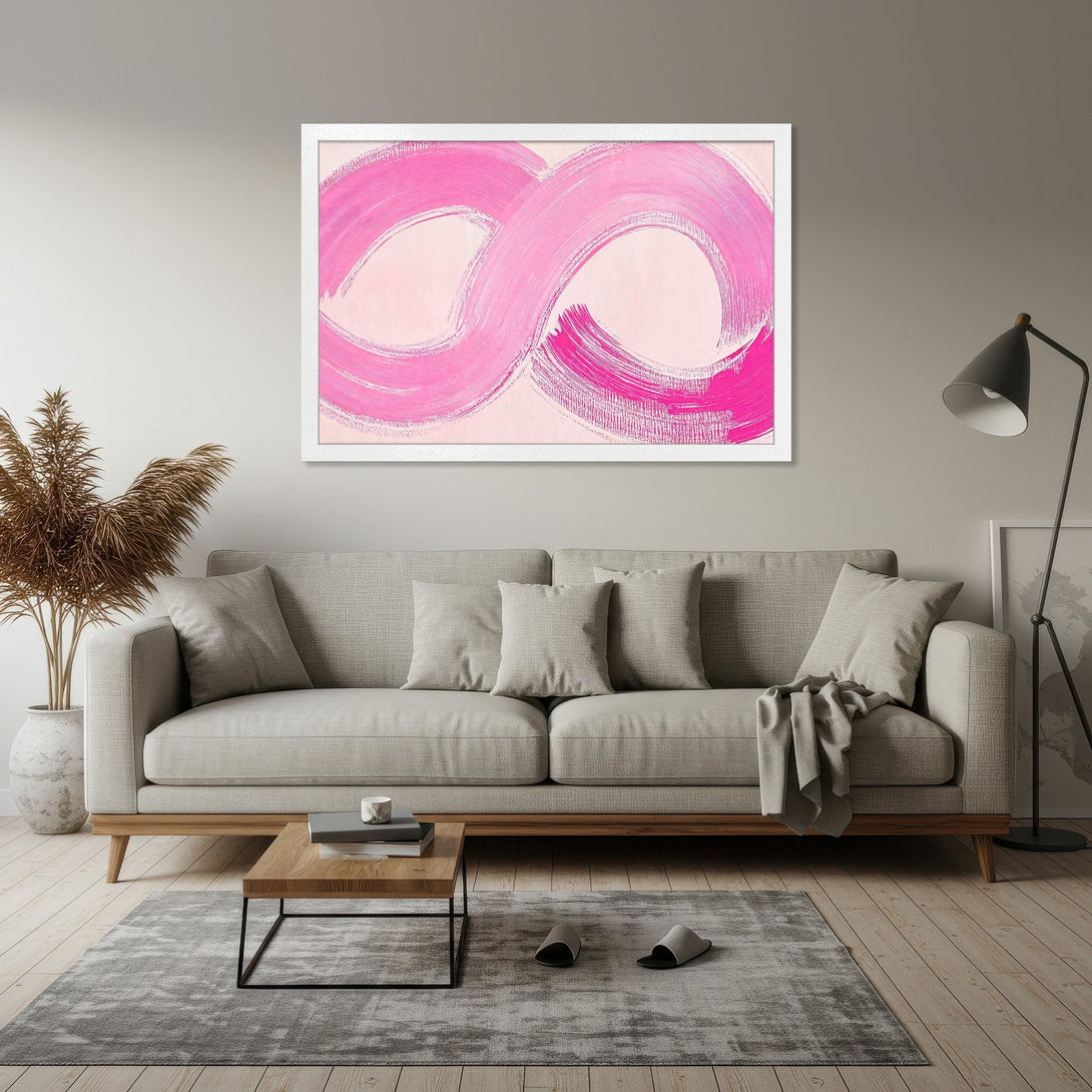 Framed Poster featuring abstract pink brushstrokes. Modern art style with a soft pink and white color palette. Perfect wall decor.