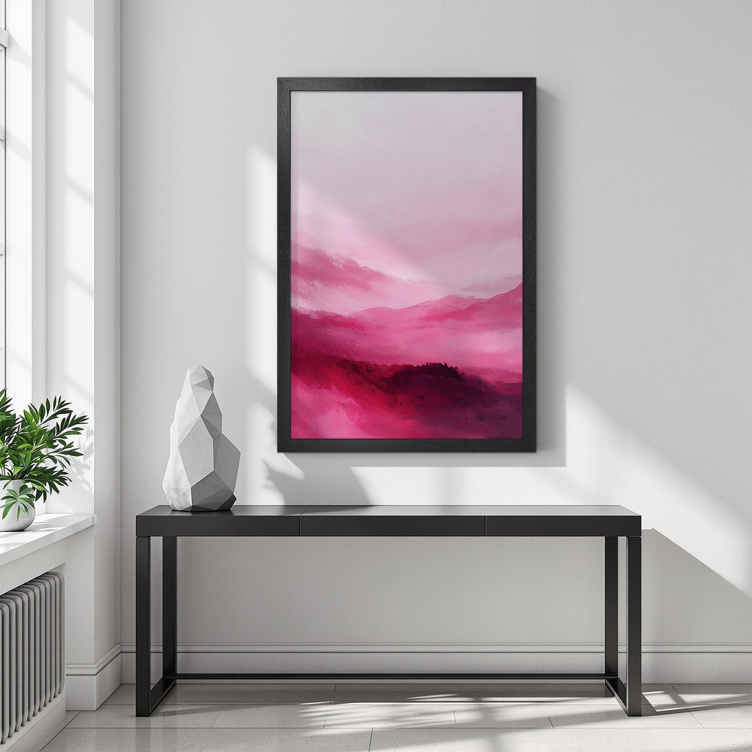 Framed Poster featuring abstract landscape art in shades of pink and red. Modern style, perfect for home decor.
