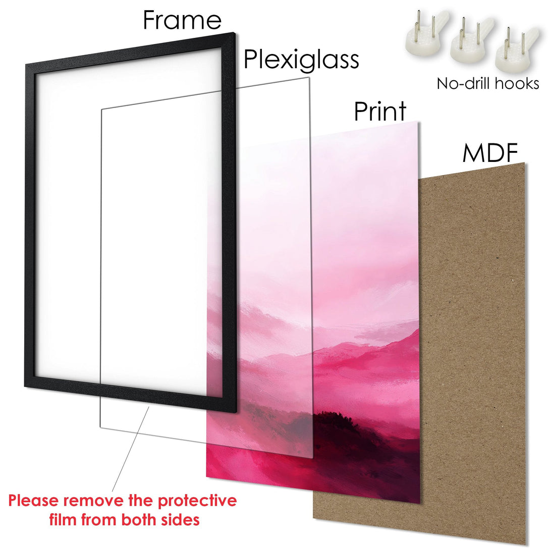 Framed Poster featuring a pink abstract landscape art print. Modern style with a vibrant, pink color palette. Ready to hang!