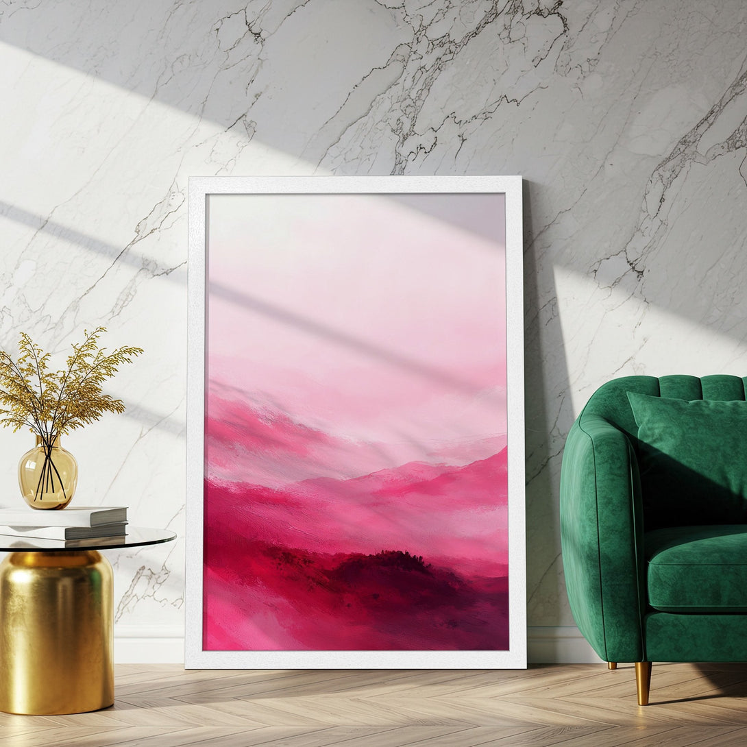 Framed Poster featuring abstract pink landscape art. Modern style with a vibrant pink color palette. Perfect wall decor!
