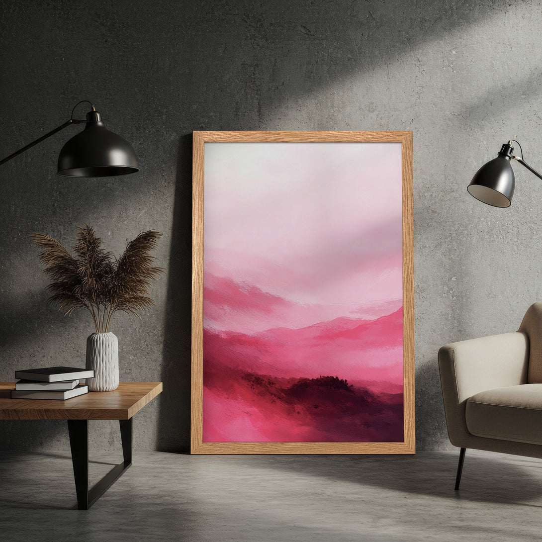 Framed Poster featuring a pink abstract landscape painting. Modern art style with a warm, rosy color palette, perfect for home decor.