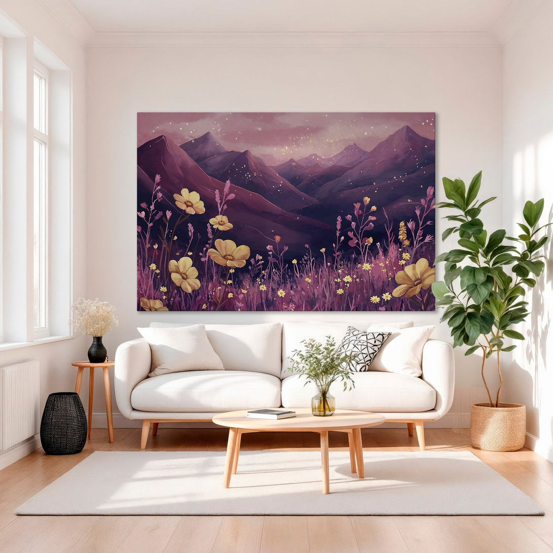 Framed Wall Art featuring a watercolor mountain landscape with flowers in a purple and gold color palette. Modern art for home decor.