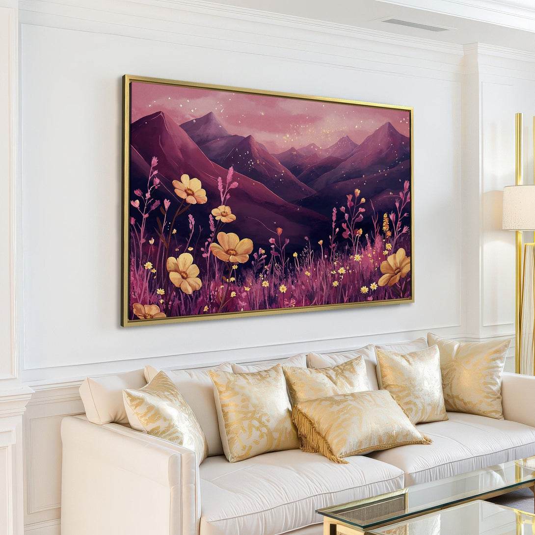 Canvas Print of a mountain landscape with wildflowers in a watercolor style, featuring a purple and yellow color palette.