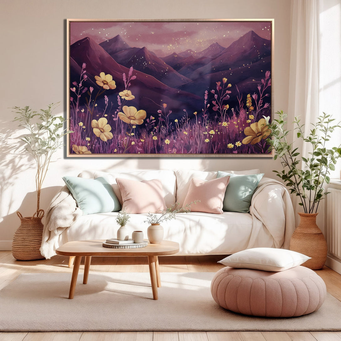 Framed Wall Art: Watercolor mountain landscape with yellow flowers in a purple and pink palette. Perfect for adding a touch of nature to your home!