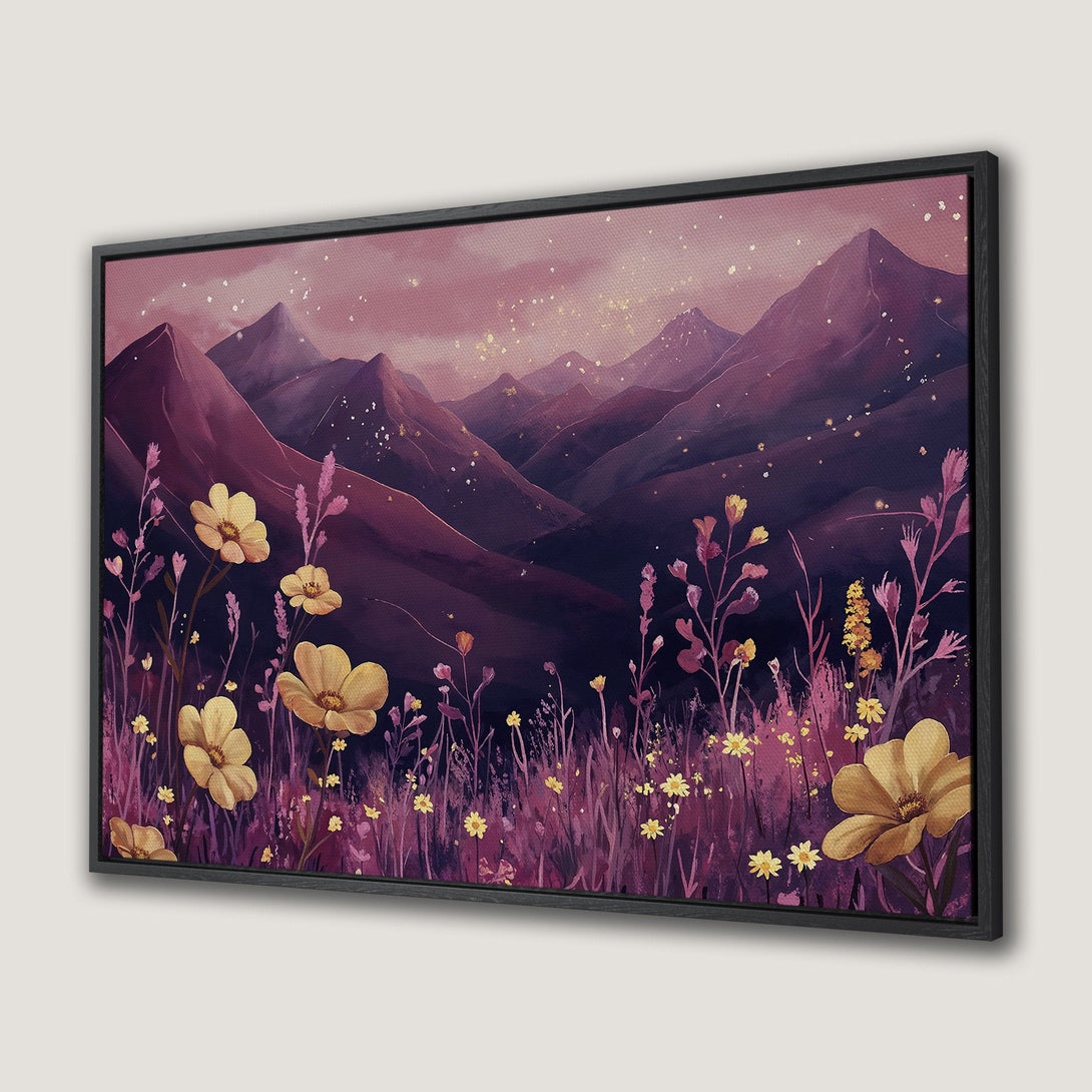 Framed Wall Art: Watercolor landscape with mountains and wildflowers. Purple and gold color palette creates a serene, artistic Canvas Print for your home.