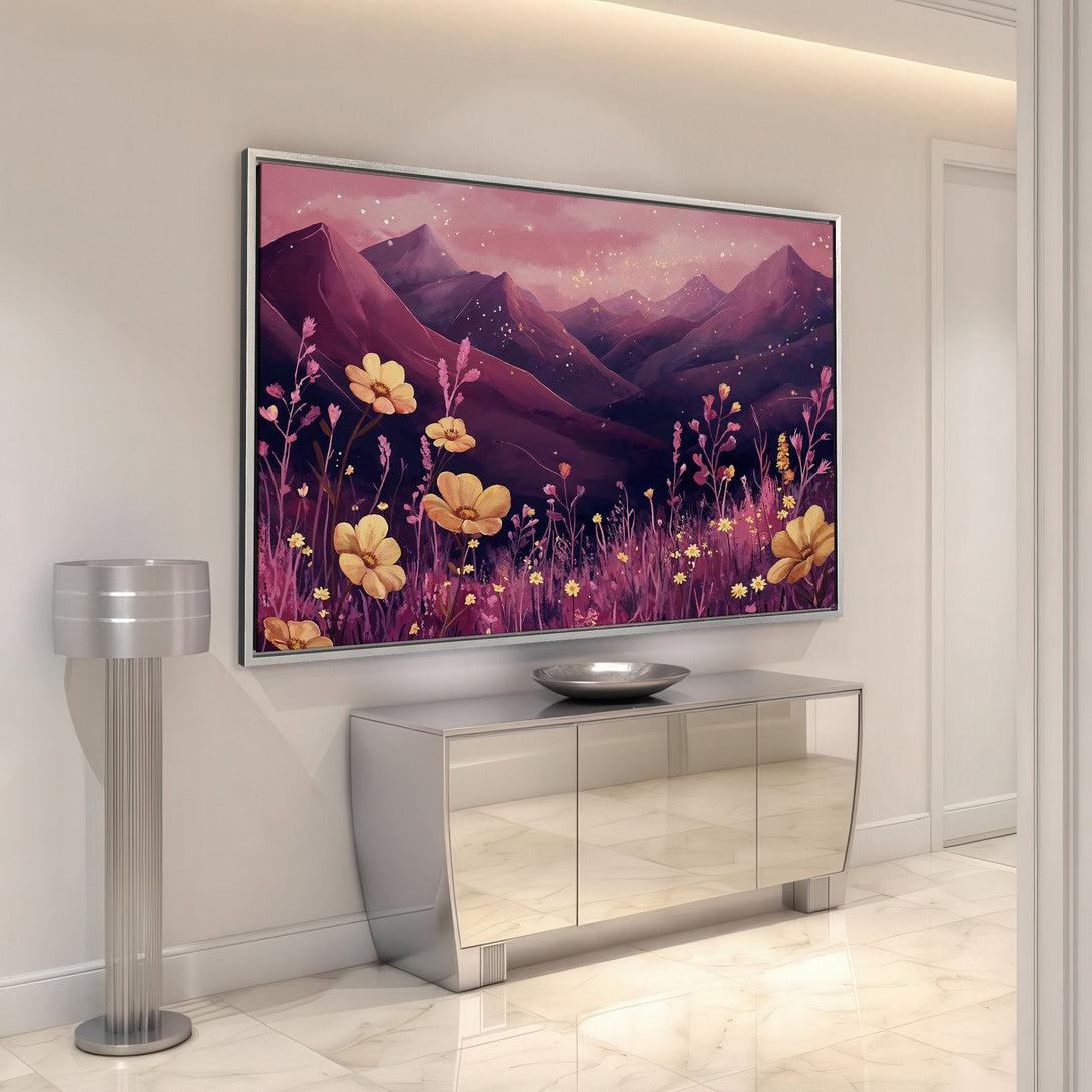 Framed Wall Art: Mountain landscape Canvas Print with a vibrant purple and yellow color palette, perfect for adding a touch of nature to your home decor.
