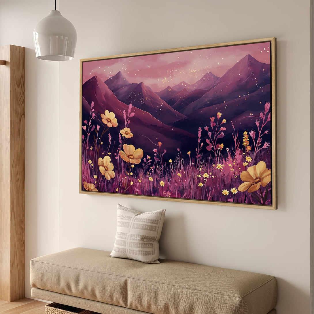 Framed Wall Art featuring a watercolor mountain landscape with wildflowers in a purple and yellow color palette. Perfect for home decor.