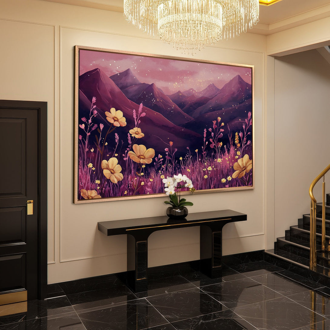 Framed Wall Art: Mountain landscape Canvas Print in purple and gold. Abstract art for modern interior decor.