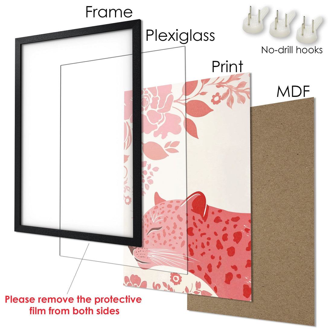 Framed Poster featuring a pink leopard print in a floral style, with a soft pink and cream color palette. Ready to hang!