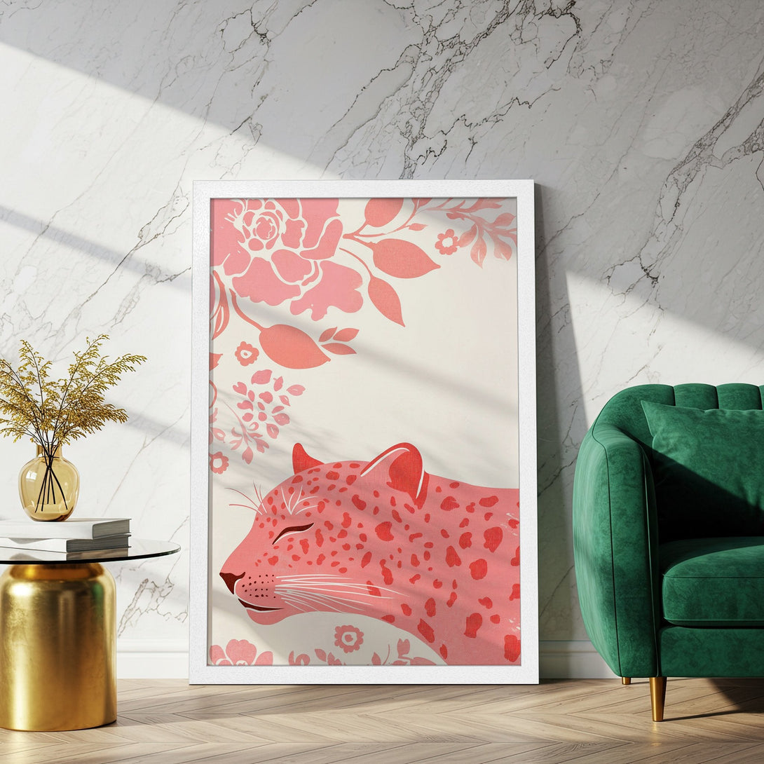 Framed Poster featuring a pink leopard illustration with floral accents. Modern art style with a soft pink and cream color palette.