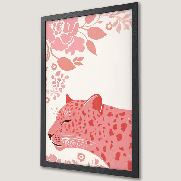 Framed Poster featuring a pink leopard with floral accents. Modern art print in a soft, warm color palette, perfect for any space.
