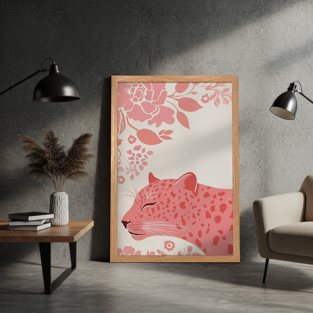 Framed Poster featuring a pink leopard illustration with floral accents. Modern style, soft pink & white color palette, perfect wall art for your home.