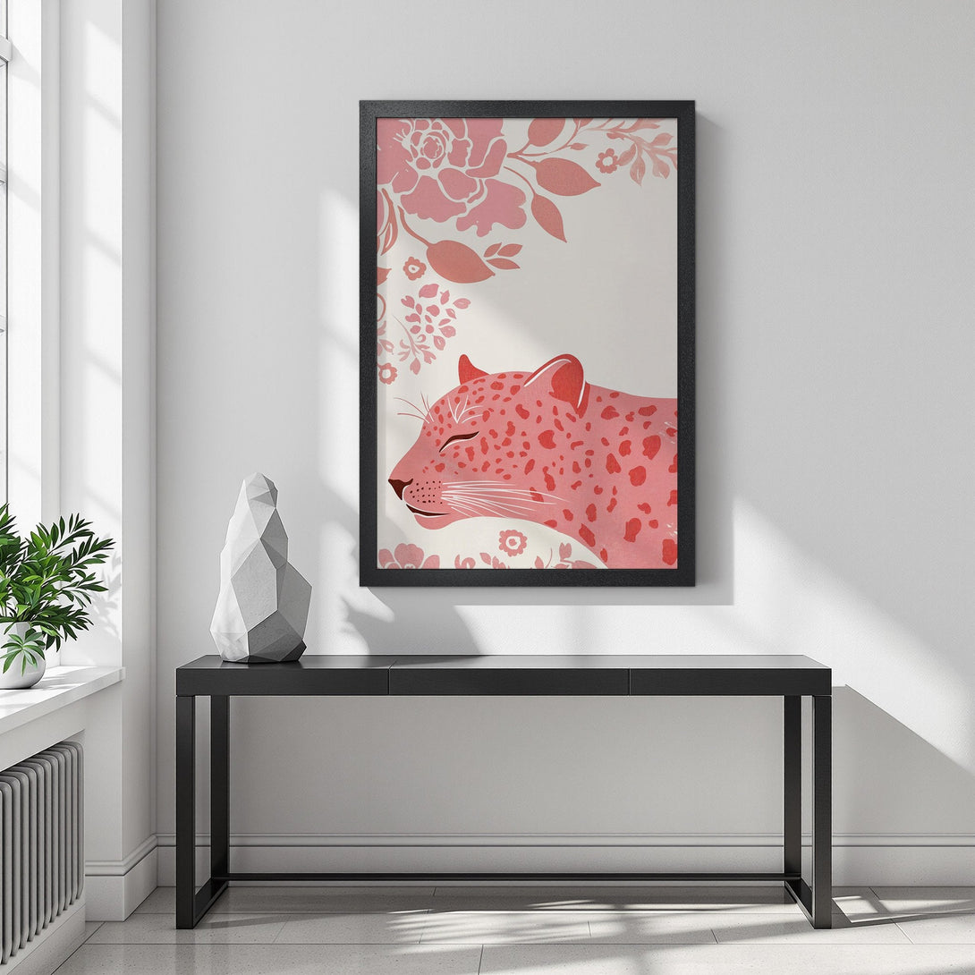 Framed Poster featuring a pink leopard illustration with floral accents. Modern art print in a soft pink color palette, perfect for home decor.
