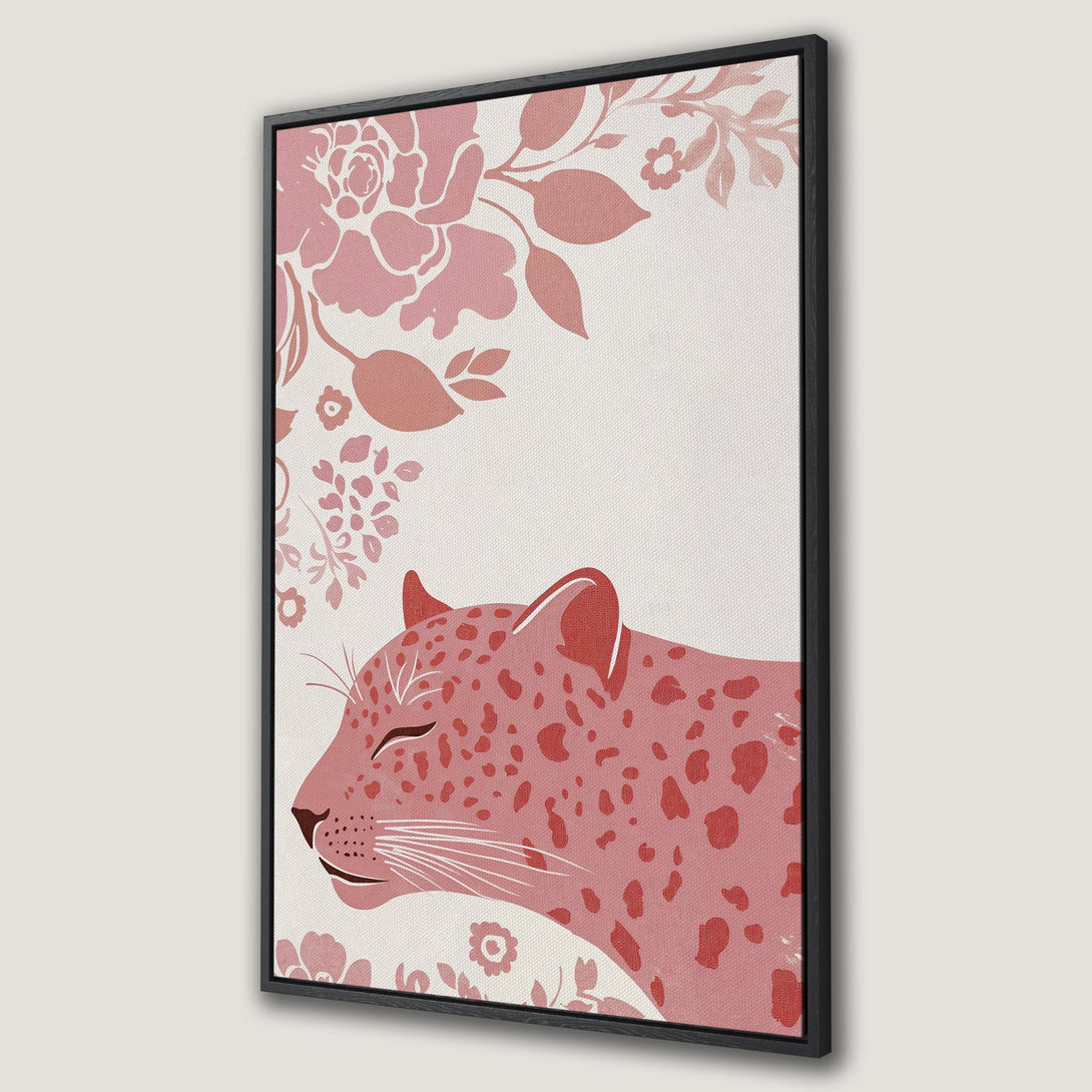 Framed Wall Art featuring a pink leopard with floral accents. Modern, minimalist style with a soft, blush color palette. Perfect for adding a touch of elegance.