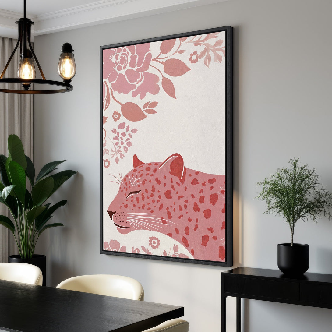 Framed Wall Art featuring a pink leopard illustration with floral accents. Modern style, soft pink and cream color palette, perfect for adding a touch of elegance.