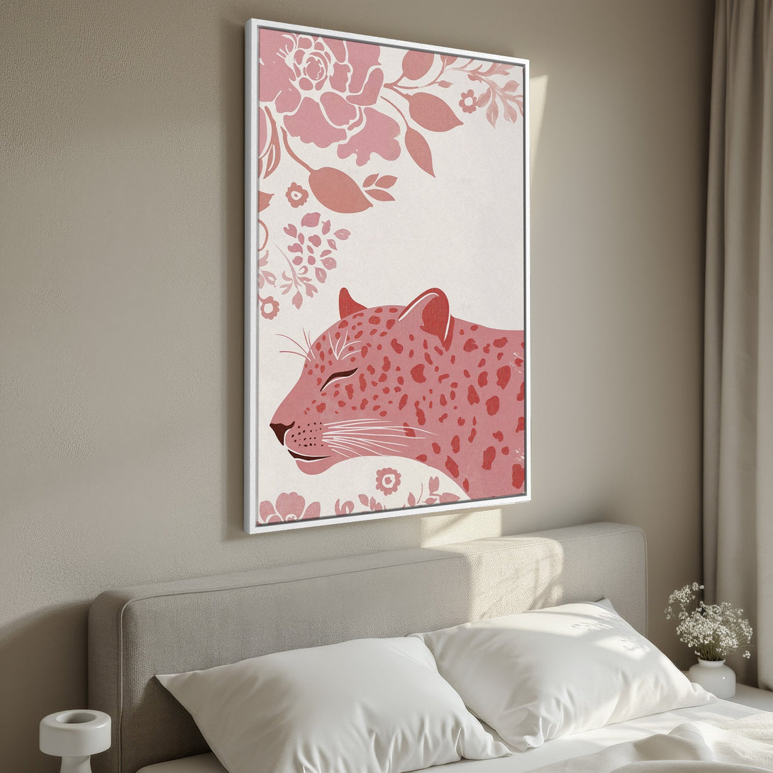 Framed Wall Art featuring a pink leopard illustration with floral accents. Modern style in a soft pink and neutral color palette, perfect for bedroom decor.