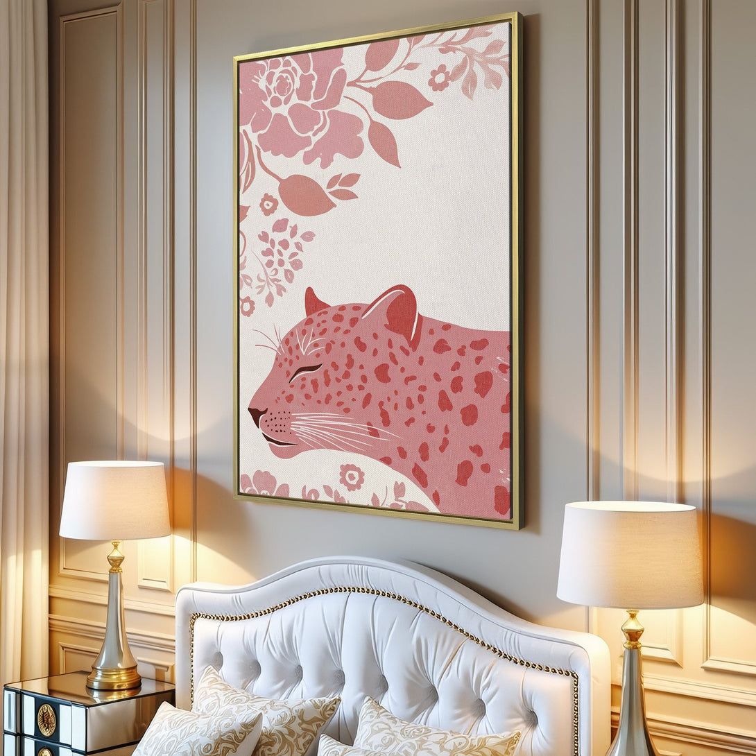 Canvas Print featuring a pink leopard illustration in a floral style, perfect for adding a touch of elegance. Soft pink palette.