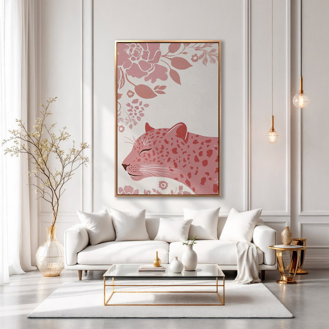 Framed Wall Art featuring a pink leopard illustration in a modern interior. Soft, blush pink palette adds a touch of elegance to any space.