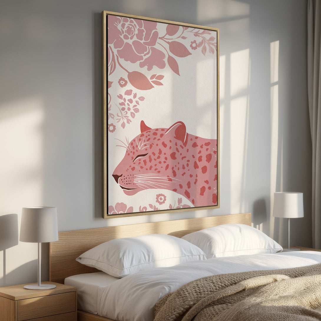 Framed Wall Art featuring a pink leopard illustration in a minimalist style. Perfect for adding a touch of elegance to any bedroom with its soft, pink color palette.