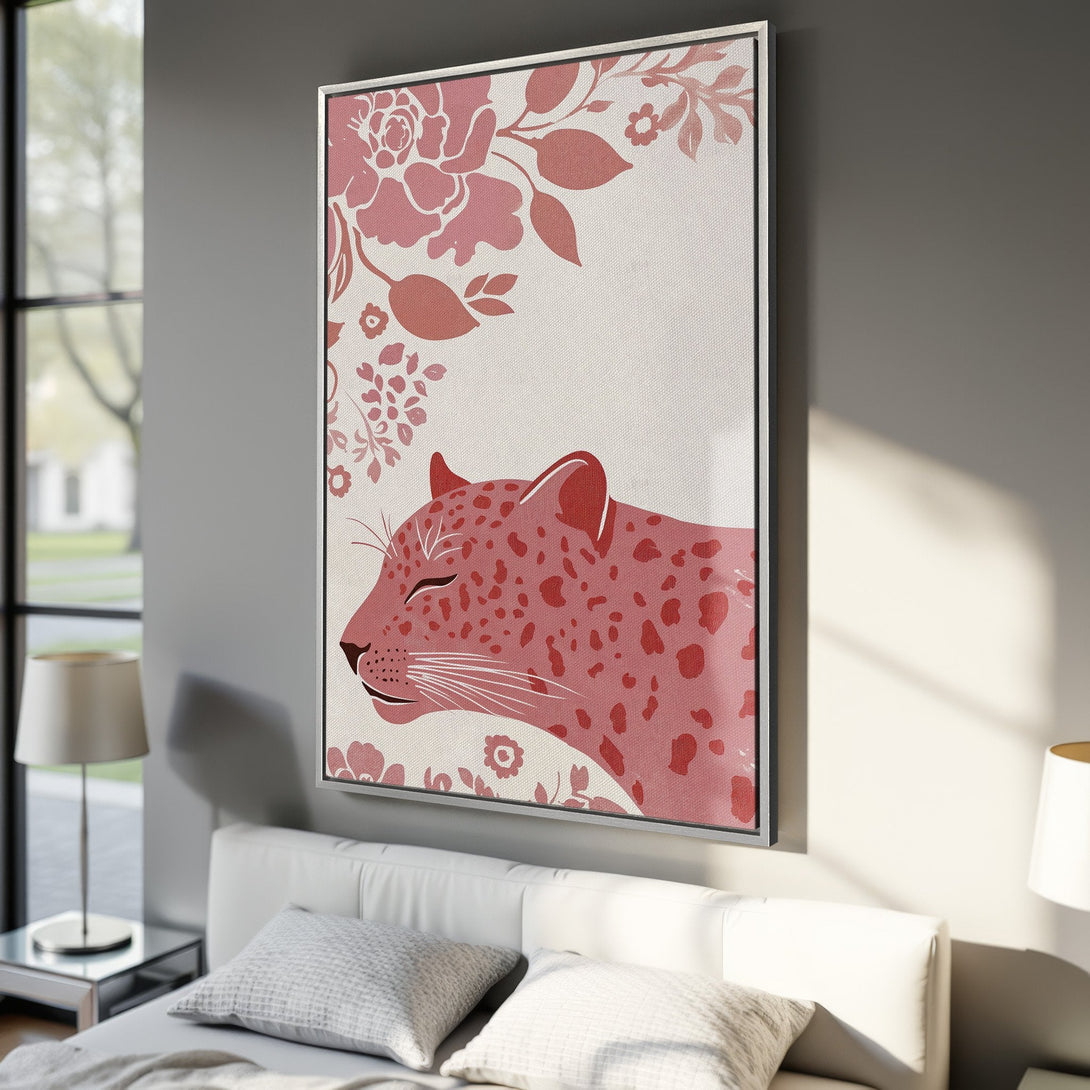 Framed Wall Art featuring a pink leopard with floral accents. Modern, minimalist style in a soft pink and neutral color palette. Perfect for bedroom decor.
