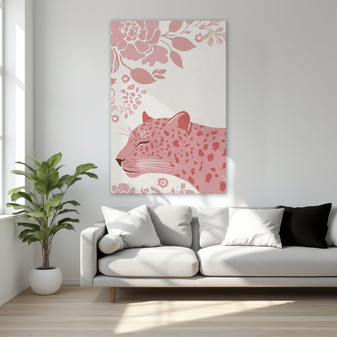 Framed Wall Art featuring a pink leopard design. Modern style with a soft pink and cream color palette, perfect for bedroom decor.