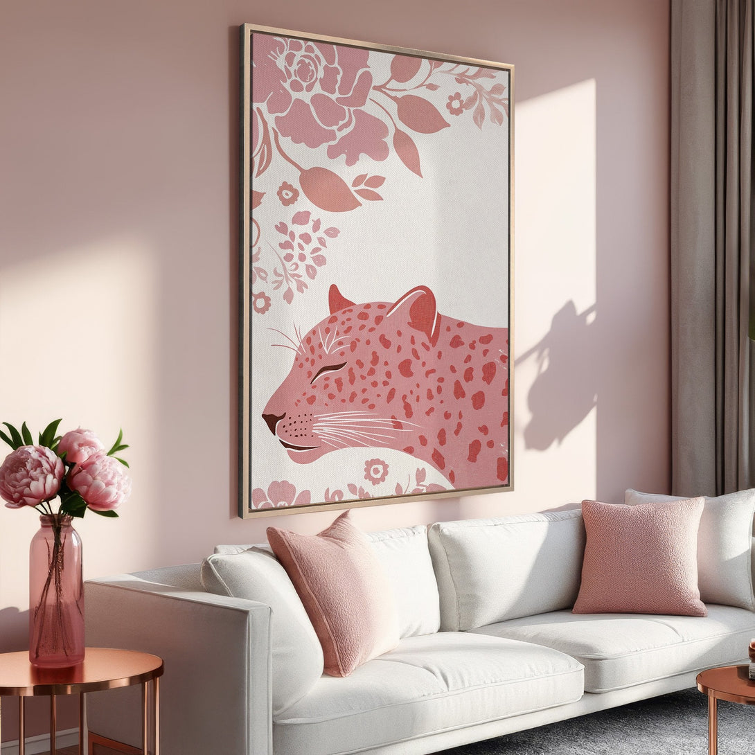 Framed Wall Art featuring a pink leopard print design, perfect for adding a touch of elegance to your living room. Soft pink color palette.
