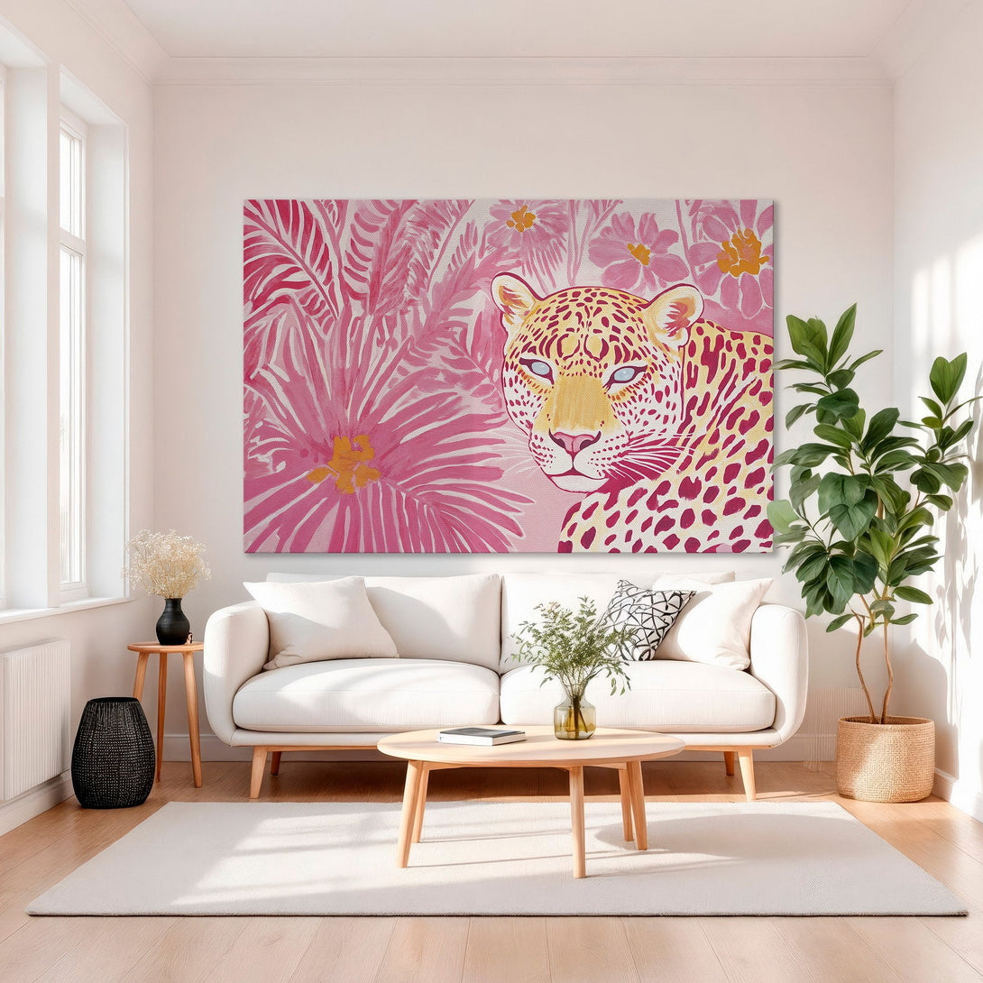 Framed Wall Art: Pink leopard in a floral jungle scene. Modern, colorful canvas print with a pink and gold palette, perfect for interior design.