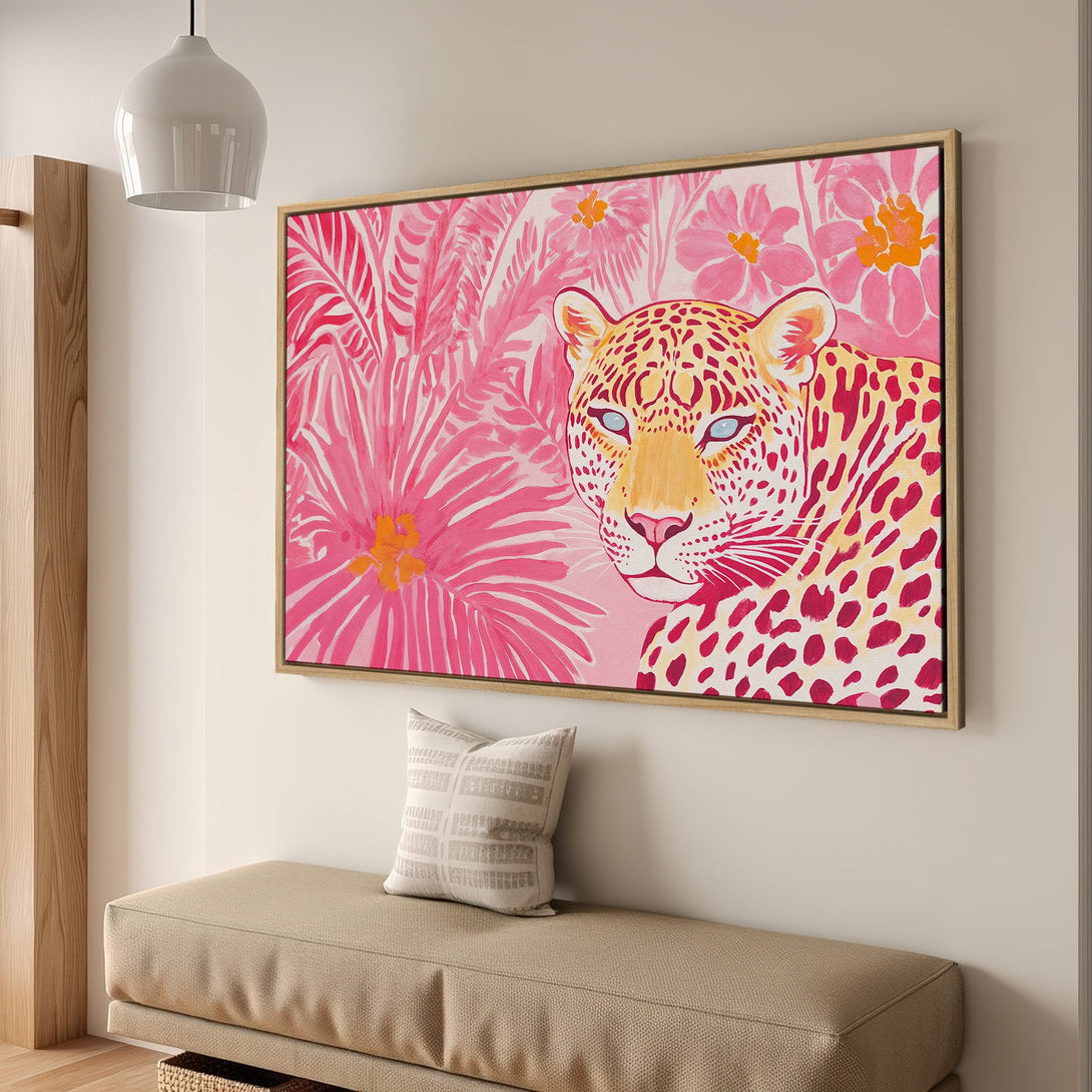 Framed Wall Art: Pink leopard canvas print in a modern interior. Vibrant pink and yellow color palette, perfect for adding a pop of color to your home decor.