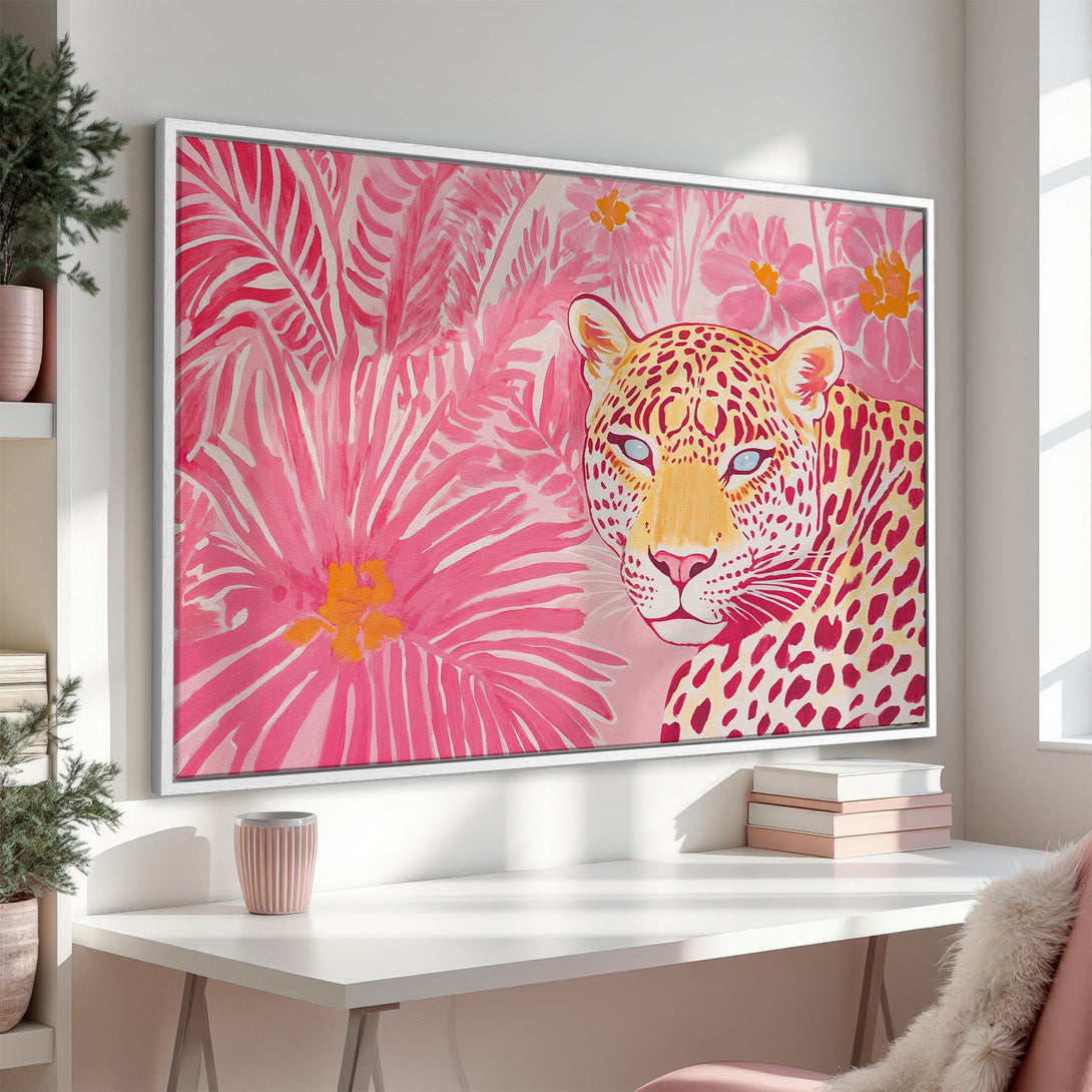 Framed Wall Art featuring a vibrant pink watercolor leopard in a tropical setting. Adds a pop of color and stylish flair to any room.