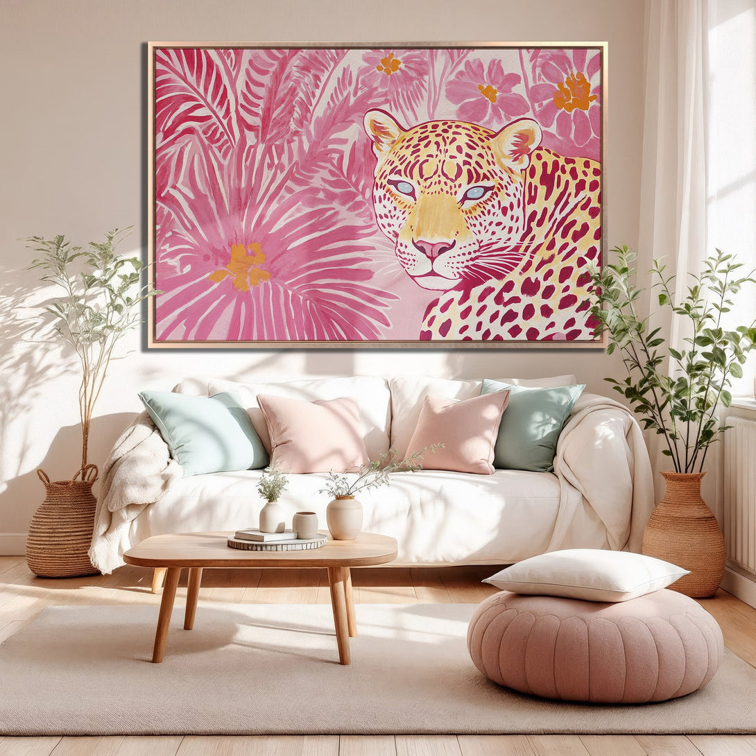 Framed Wall Art of a leopard in a pink floral jungle. Modern, vibrant, and stylish canvas print for your living room.