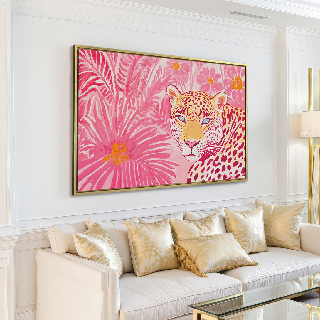 Canvas Print of a vibrant leopard in a pink floral jungle, modern art style, perfect for adding a pop of color to your home decor.