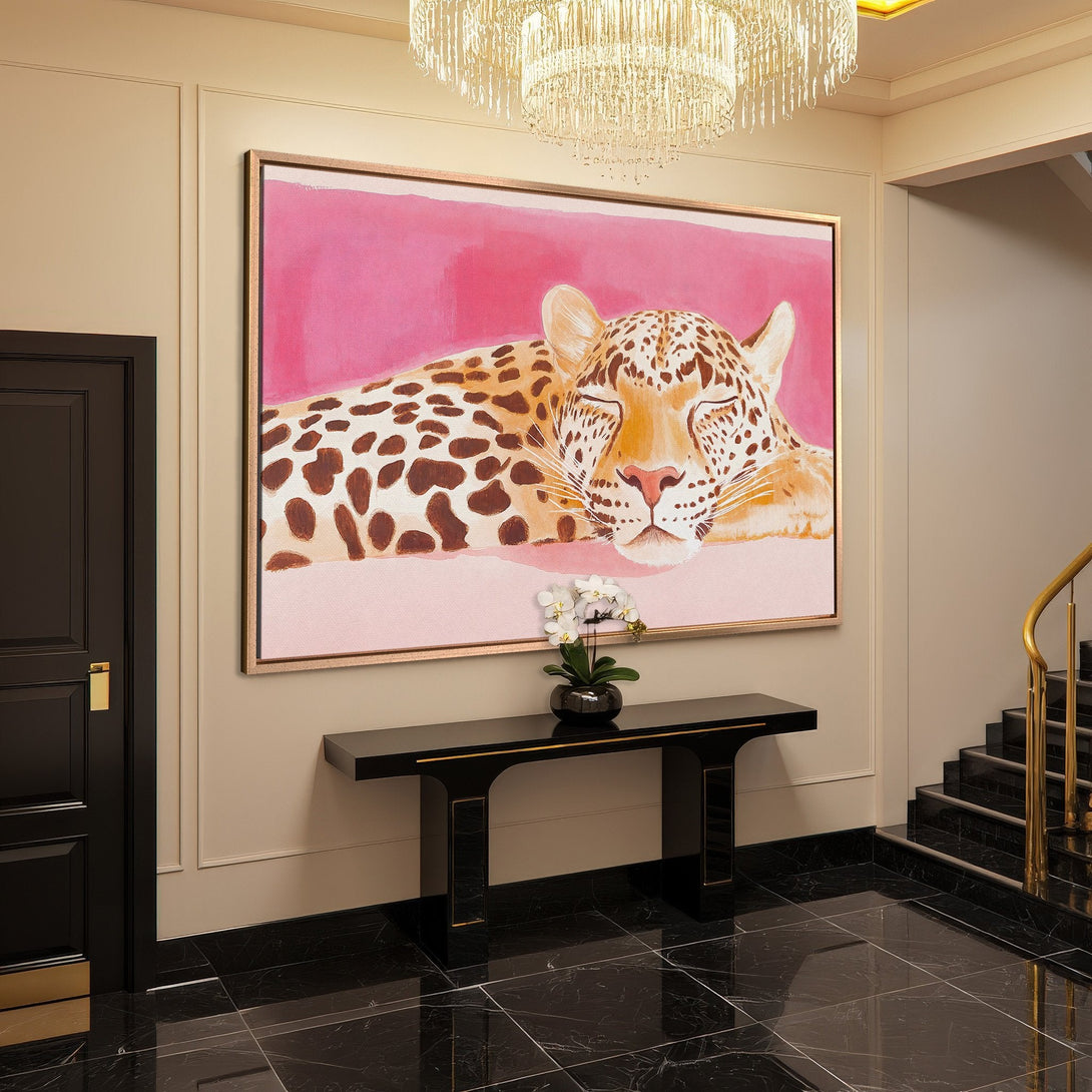 Framed Wall Art: Watercolor leopard print in pink & brown, displayed in elegant interior. Add a touch of luxury to your home decor!